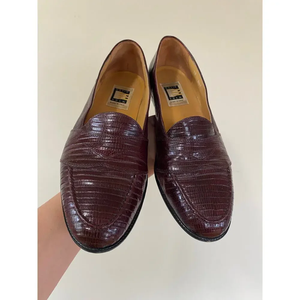 David Eden brown maroon leather loafers Italy reptile snake lizard men’s 7.5